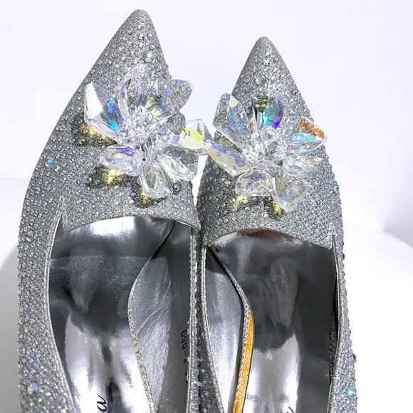 Geyunya Glitter Silver Sparkle Crystal Effect Cinderella Bridal Prom Heels - Picture 9 of 17